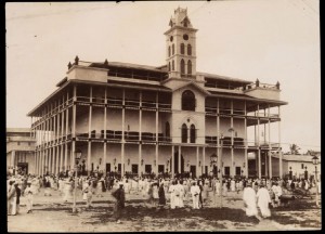 Sultan's Palace, Zanzibar with a crowd in the foreground circa 1893 - Winterton Collection of East African Photographs: 64-12