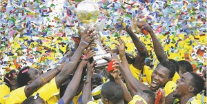 The Tanzanian team lift the CECAFA cup