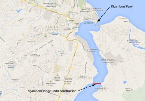 Map of Dar-es-Salaam showing the Kigamboni bridge location