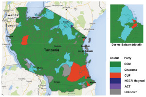 Map showing the results of the Parliamentary Elections by district (Ben Taylor http://www.uchaguzitz.co.tz/)
