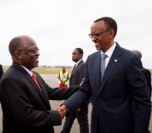 PHOTO President Magufuli greets Rwandan President Paul Kagame as he arrives in Dar-es-Salaam on his maiden state visit (Photo: State House)